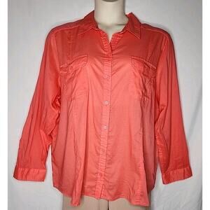 Chico's Button Up Blouse Women Size XXL/20 Coral Orange 100% Cotton Sheer